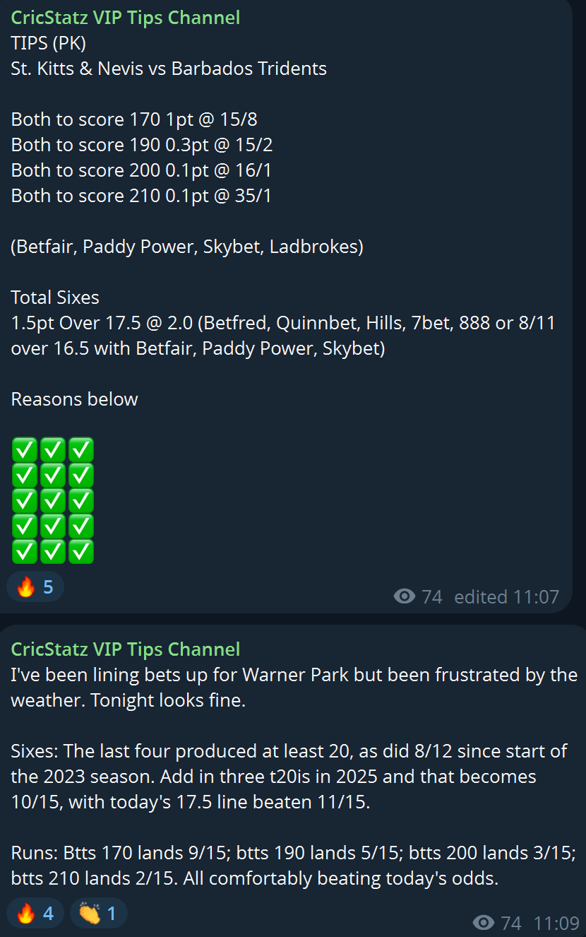 CricStatz VIP Tips Channel post from Paul Krishnamurty: St Kitts and Nevis versus Barbados, both teams to score 170 at 15/8 for 1pt, 190 at 15/2 for 0.3pt, 200 at 16/1 for 0.1pt, 210 at 35/1 for 0.1pt, plus 1.5pt on over 17.5 total sixes at 2.0, all five legs settled as winners.