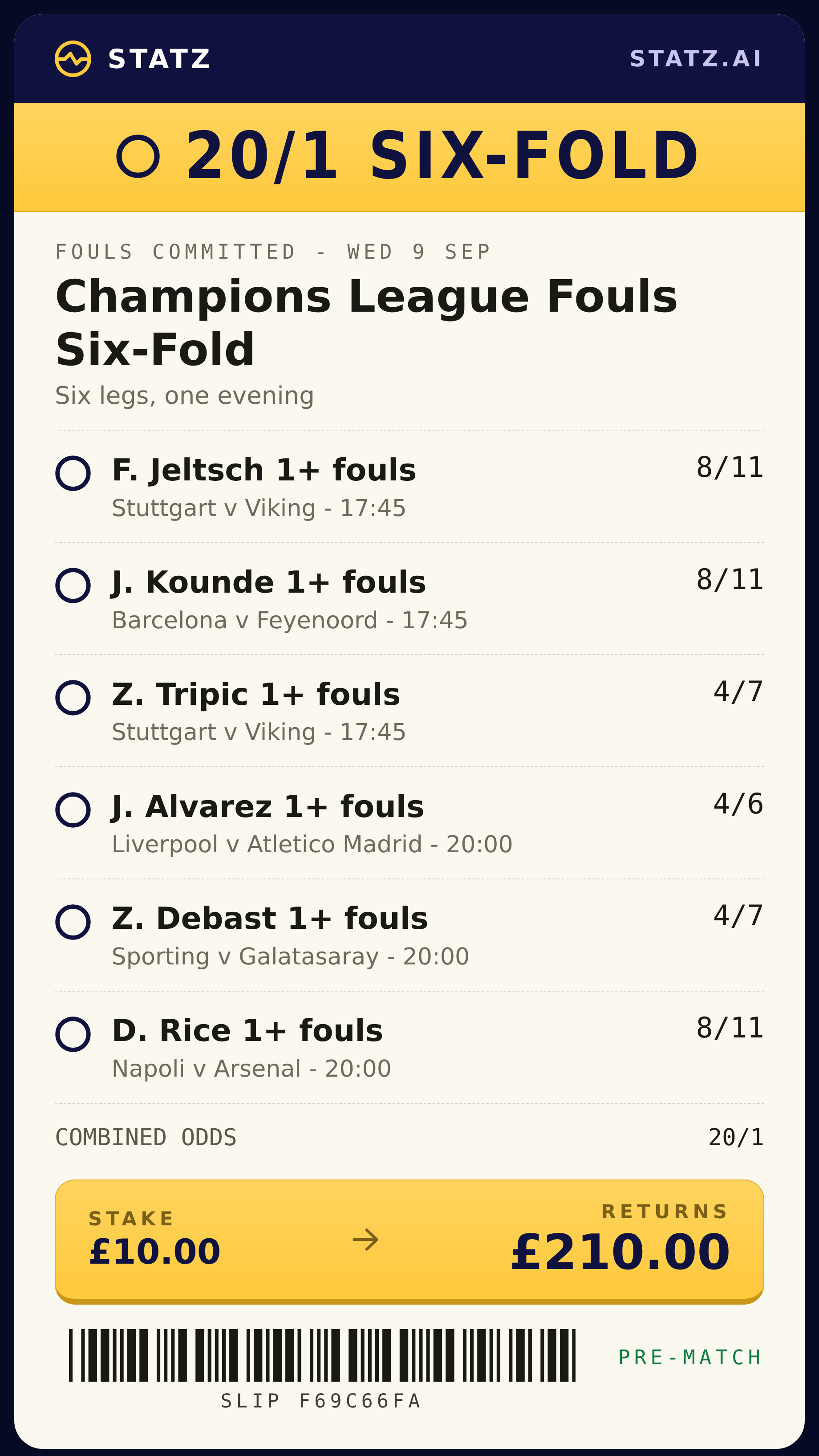 Statz Champions League fouls committed six-fold betslip - six legs at 20/1