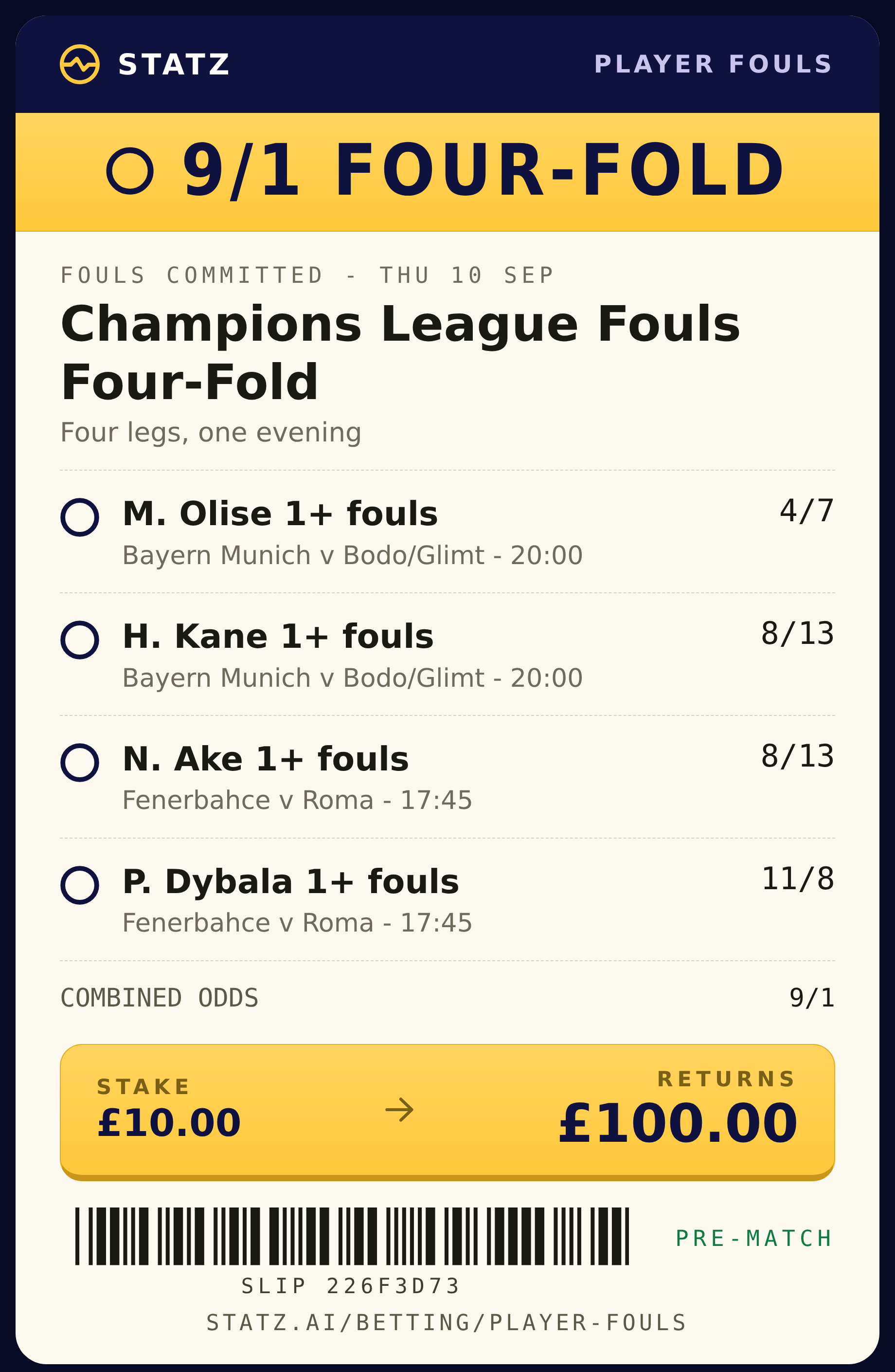 Statz Champions League fouls four-fold betslip - four legs at 9/1